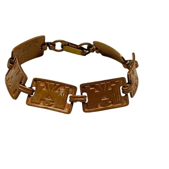 Vintage Copper Link Bracelet With Art Deco Design - Picture 4 of 9